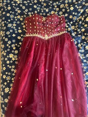 Strapless Burgundy Sequin Tulle Gown